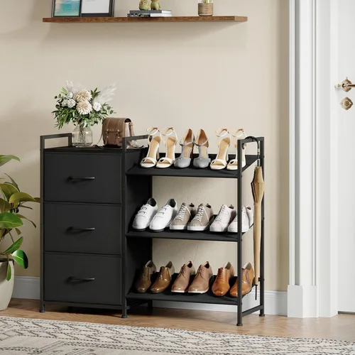 Vista 2 de Somdot Zapatero, organizador de zapatos de 3 niveles con 3 cajones, estante de almacenamiento de zapatos de metal para 6-9 pares de zapatos, Negro