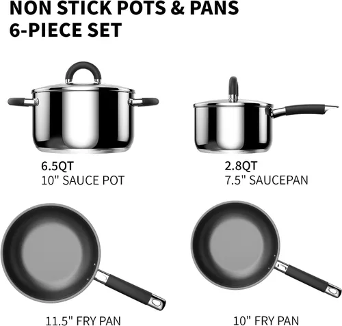 Vista 4 de Juego de ollas y sartenes antiadherentes, de acero inoxidable de 5 capas con base de utensilios de cocina, sartenes, se calienta rápidamente