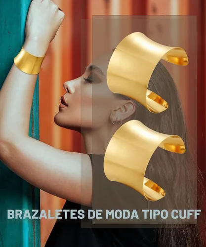 Vista 7 de BOMAIL Juego de 2 pulseras de brazalete para mujer, pulseras de alambre ancho abierto, pulsera dorada ajustable Adjustable Wrist Cuff, 14K Gold