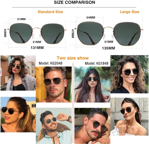 Vista 5 de Lentes de sol hexagonales con lente de cristal retro para hombres y mujeres, marco de metal cuadrado vintage, lentes planas, lentes de sol