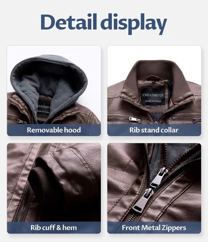 Vista 6 de CREATMO US Chaqueta de piel sintética para hombre, impermeable, resistente al viento, PU con capucha extraíble