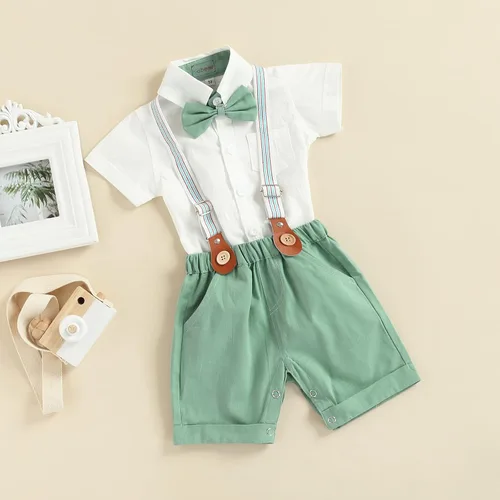 Vista 2 de Qiylii Bebé Niños Manga Corta Botones Pajarita Botones Body Camisas Tirantes Pantalones Cortos Ropa Casual Verano