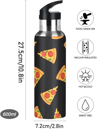 Vista 9 de Stainless Steel Vacuum Insulated Water Bottle 32 Oz, Leakproof Water Bottles for Gym Outdoor Travel School, Cartoon Slices Pizza Black