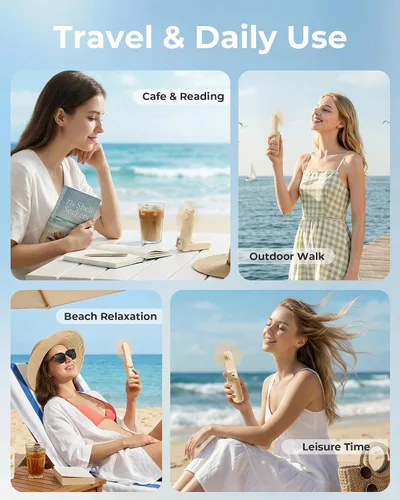 Vista 8 de FrSara Ventilador de mano portátil, pequeño ventilador personal recargable, artículos esenciales de viaje de verano con 3 velocidades, 2000 mAh