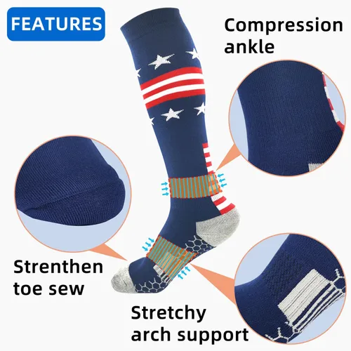 Vista 3 de Calcetines deportivos hasta la rodilla con bandera americana para béisbol, fútbol, sóftbol, fútbol