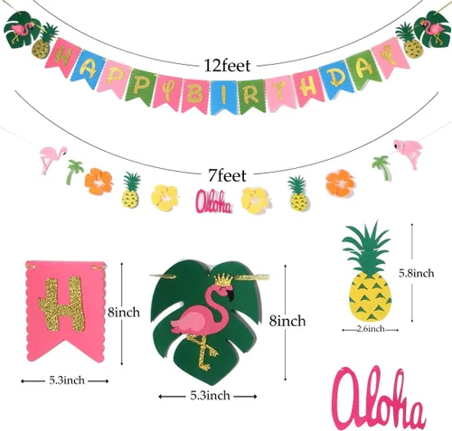Vista 5 de Decoración de fiesta hawaiana Suministros de fiesta Luau Banner tropical hawaiano, guirnalda de flamencos para suministros de cumpleaños