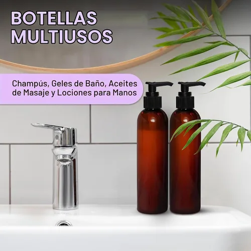 Vista 4 de BRIGHTFROM Botellas con bomba de loción, vacíos de 8 onzas, recipientes de plástico recargables sin BPA, ámbar con dispensador negro para jabón