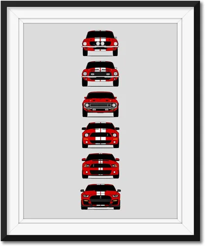 Vista 15 de Custom Car Posters Póster hecho a mano compatible con Shelby Mustang GT500 Generations e impresión de Ford Shelby GT500, azul con rayas blancas