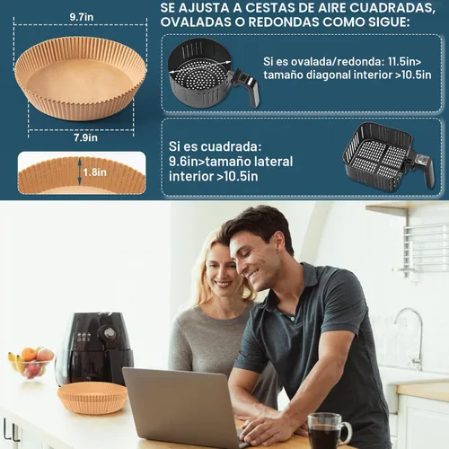 Vista 3 de 100 revestimientos desechables para freidora de aire, papel pergamino antiadherente de 7.9 pulgadas para hornear, asar, microondas, a prueba
