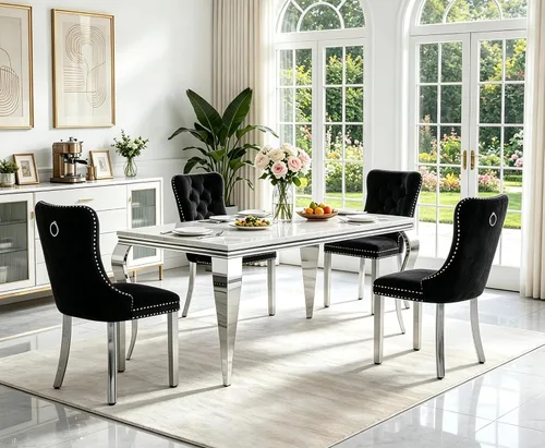 Vista 24 de Juego de 5 mesas de comedor de mármol sintético para 4 mesas de cocina de lujo de 68 pulgadas de oro blanco con 4 sillas tapizadas de terciopelo
