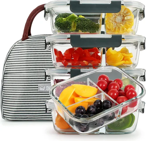 Vista 9 de DAS TRUST Paquete de 5 recipientes de vidrio de almacenamiento de alimentos de 36 onzas, contenedores de preparación de comidas, contenedores