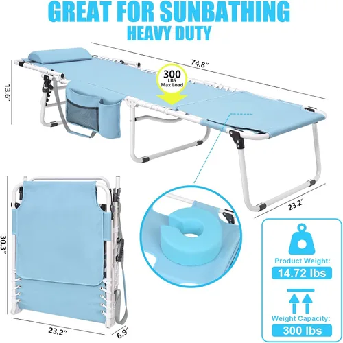 Vista 2 de Silla de bronceado resistente con orificio facial, ajustable, 5 posiciones, tumbonas plegables para exteriores, portátiles, planas, para la playa