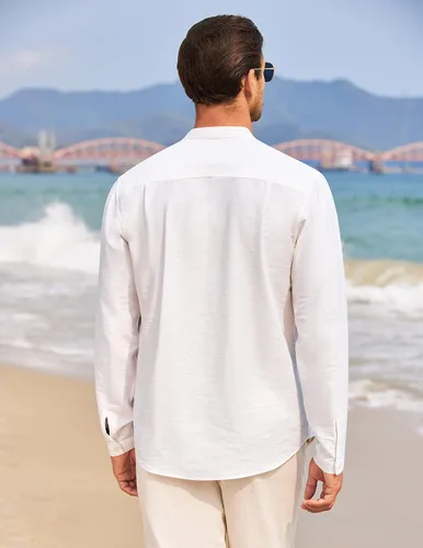 Vista 3 de COOFANDY Camiseta de lino Henley de manga larga para hombre, estilo hippie, de algodón, playeras