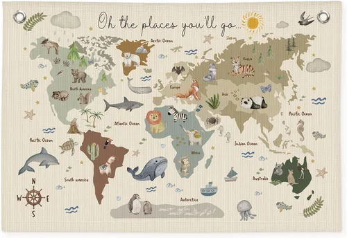 Vista 14 de Wheatwin Decoración de sala de juegos, pancarta de mapa del mundo para niños, mapas del mundo para pared, mapa del mundo, lindo tapiz de animales