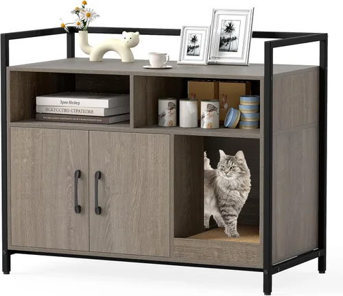 Vista 13 de Giantex Recinto de Caja de Arena para Gatos - Mueble Oculto para Baño de Gatos con Entrada Frontal, Rascador, Armario de Almacenamiento de 2