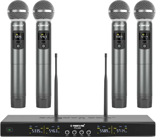 Vista 2 de Phenyx Pro Juego de micrófono inalámbrico de 4 canales PTU-5200-4H incluido con estuche de rack poco profundo PRCSE-6UD