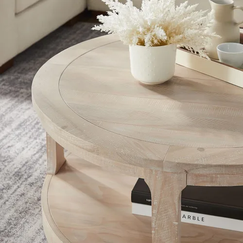 Vista 4 de Mesa de centro redonda de madera de 40 pulgadas, mesas circulares con ruedas para sala de estar, estilo rústico retro moderno de 2 niveles, mesas