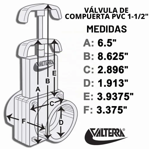 Vista 2 de Valterra 6101. Válvula de compuerta de PVC, color blanco, de 1-1/2 pulgadas