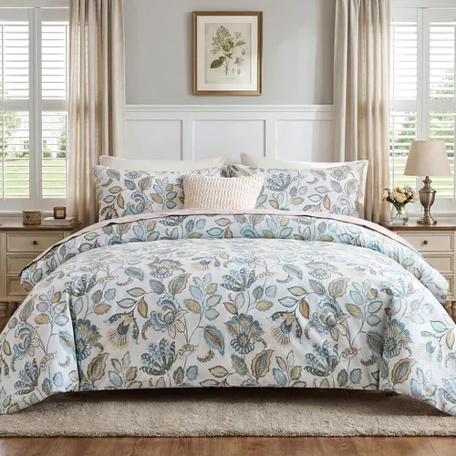 Vista 3 de Juego de edredón floral azul tamaño Queen, juego de ropa de cama botánica azul 100% algodón, edredón suave transpirable de 3 piezas y 2 fundas