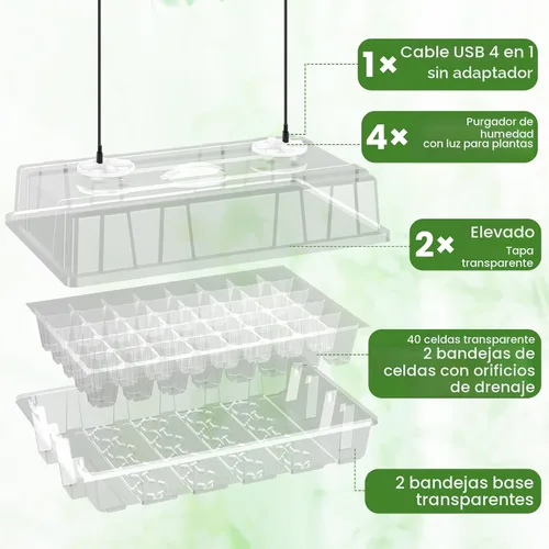 Vista 2 de Bonviee Paquete de 2 bandejas de inicio de semillas con luz para plantas, kits de bandejas de inicio de plántulas elevadas con cúpulas de humedad
