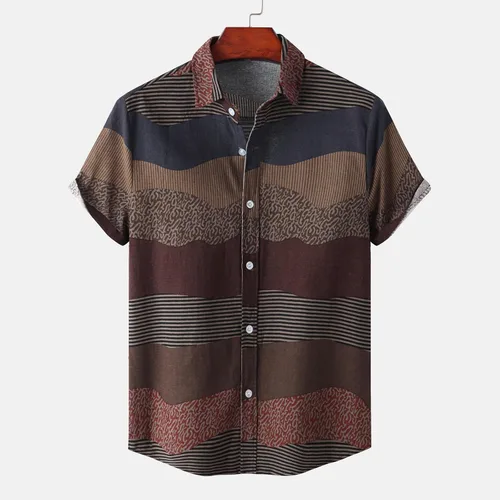 Vista 2 de Men's Vintage Button-Down Shirts Tees Tie Dye Patchwork Print Cardigan Blouses Turn-Down Retro Tops Short Sleeve