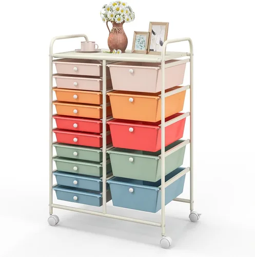 Vista 24 de DREAMADE Carrito de almacenamiento con ruedas de 15 cajones, carrito de manualidades móvil con ruedas con cerradura, cajones de plástico extraíbles