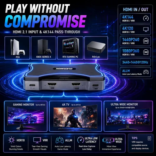 Vista 3 de Guermok Tarjeta de captura USB 4K144 HDMI2.1, captura de video 4K de Negro