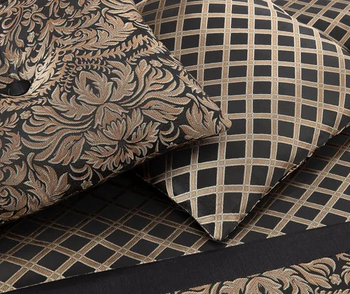 Vista 7 de Chezmoi Collection Juego de edredón Jacquard Floral de 7 piezas, color negro y dorado, con medallón de diamante, tamaño Queen Negro/Marrón Floral