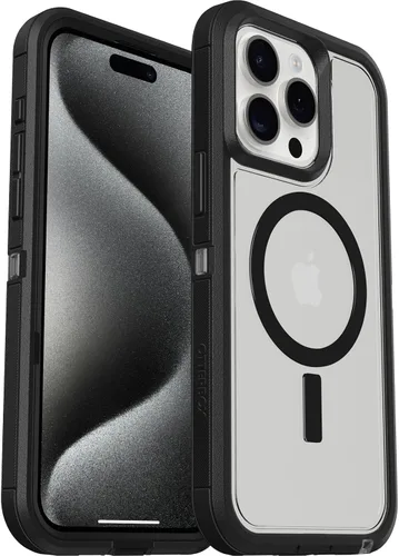 Vista 5 de OtterBox Funda transparente para iPhone 15 Pro MAX (solamente) Defender Series XT, lado oscuro (negro/transparente), sin pantalla, resistente, se