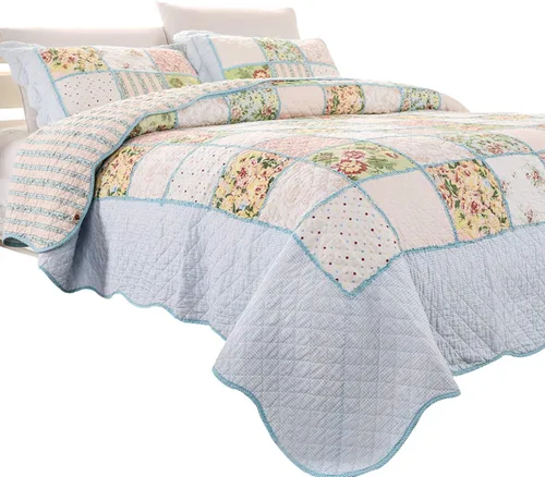 Vista 10 de Brandream - Juego de edredones de tamaño Queen, patchwork de algodón, edredón acolchado con estampado floral campestre verde, juego de colchas