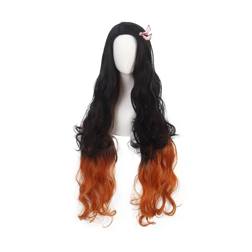 Vista 5 de ZGNGLIZ Peluca de cosplay de anime Kamado Nezuko para Demon Slayer personajes de Kimetsu no Yaiba Play Cosplay pelucas con gorra de peluca gratis