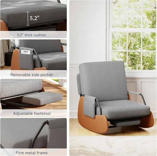 Vista 3 de Moderna mecedora deslizante, silla tapizada para cuarto de bebé, con reposapiés reclinable ajustable y retráctil, cómoda silla de descanso para Gris