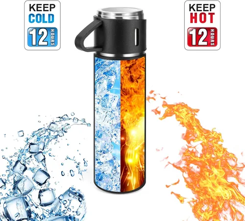 Vista 4 de Termo de acero inoxidable 500ml/16.9oz botella aislada al vacío con taza para café, bebidas calientes y bebidas frías, cantimplora de agua.
