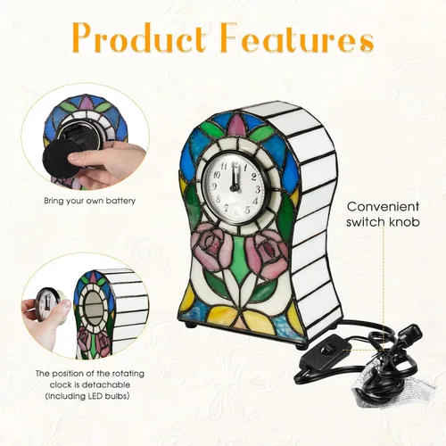 Vista 4 de Lámpara estilo Tiffany con estampado de rosas Pequeña lámpara de vitral, lámpara de reloj creativo, decoración para sala de estar, salón, comedor