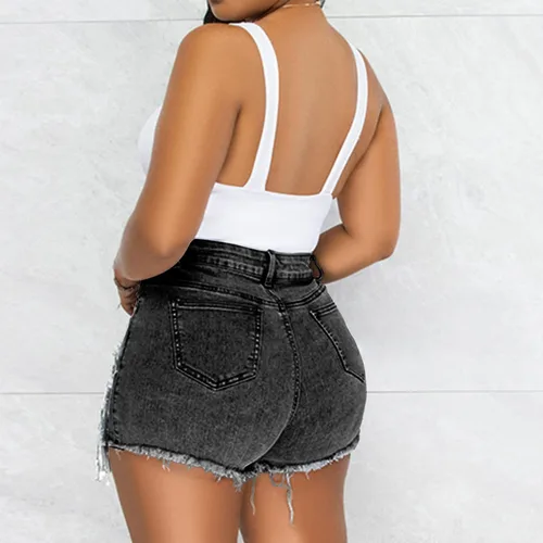 Vista 2 de LifeShe Pantalones cortos de mezclilla para mujer con cuentas de perlas de diamantes de imitación