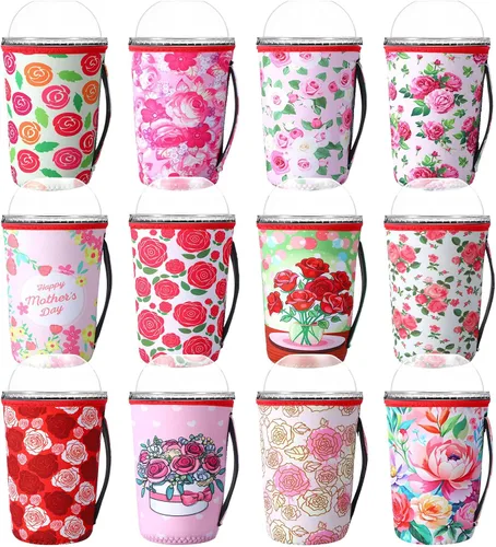 Vista 13 de Boao 12 fundas para vaso de neopreno reutilizables con asa, funda aislada para taza para café helado, bebida fría, anticondensación, sin sudor