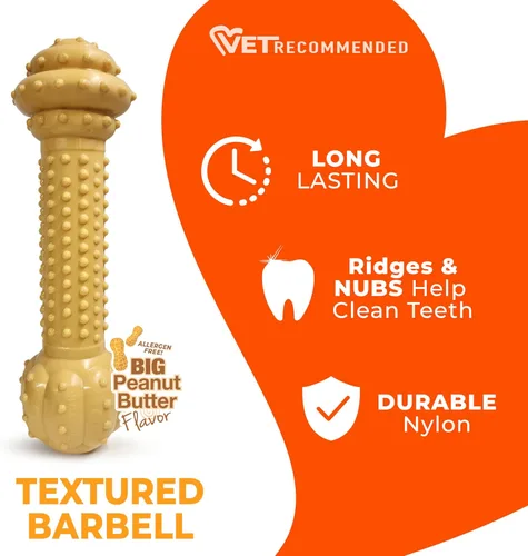 Vista 4 de Juguete mordedor para perros Nylabone, sabor mantequilla de maní., Barbell, L
