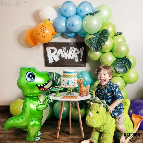 Vista 5 de KatchOn, Globo grande de dinosaurio verde – 25 pulgadas, globo TRex Globos de dinosaurio para fiesta de cumpleaños Decoraciones de fiesta