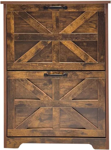 Vista 7 de Zapatero con 2 cajones abatibles, organizador de zapatos de madera ajustable con estante, armario de almacenamiento oculto para entrada, pasillo