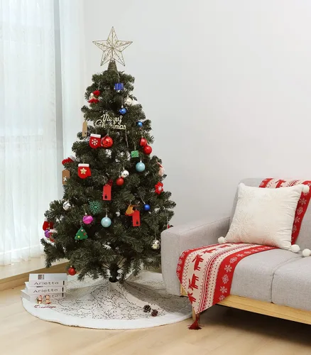 Vista 7 de Lewondr Falda de árbol de Navidad de 48 pulgadas, copos de nieve de lentejuelas doradas de felpa blanca para decoración de árbol de Navidad, beige