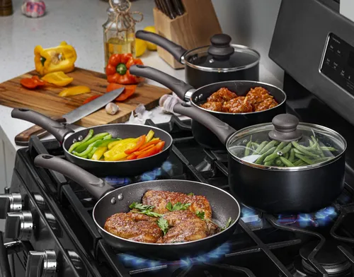 Vista 4 de Juego de ollas y sartenes, juego de utensilios de cocina antiadherentes de aluminio, sartenes, cazuela con tapa, sartén y utensilios, juego de Negro