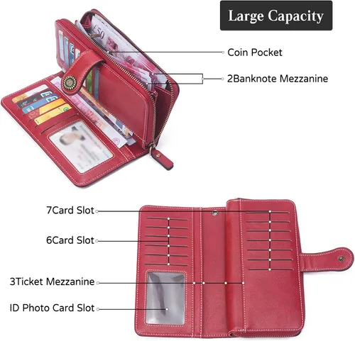 Vista 4 de PORRASSO Cartera de mujer Bolso de cuero con tarjetero para teléfono celular con correa para la muñeca, Negro -, Classic