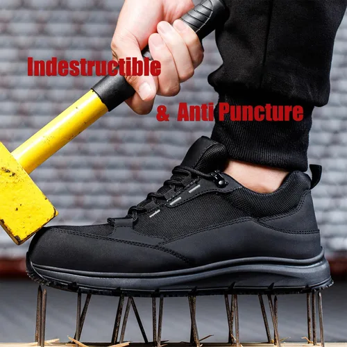 Vista 4 de ulogu Zapatos de punta de acero para hombres y mujeres, impermeables, antideslizantes, ligeros, indestructibles, zapatos de trabajo para techos