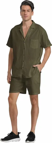 Vista 5 de RPOVIG Conjunto corto de camisa de lino: conjunto casual de 2 piezas con botones para hombre