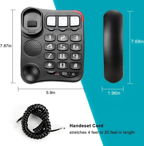 Vista 6 de Teléfono grande con cable de botón para personas mayores, marcación rápida de fotos, control de volumen, altavoz, cable extralargo, alerta de flash