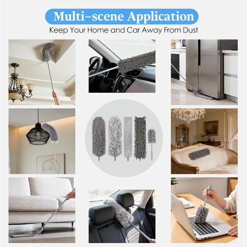 Vista 6 de Kit de plumero de microfibra con poste de extensión, 7 piezas lavables y reutilizables para limpieza, plumero largo extensible de 100 pulgadas