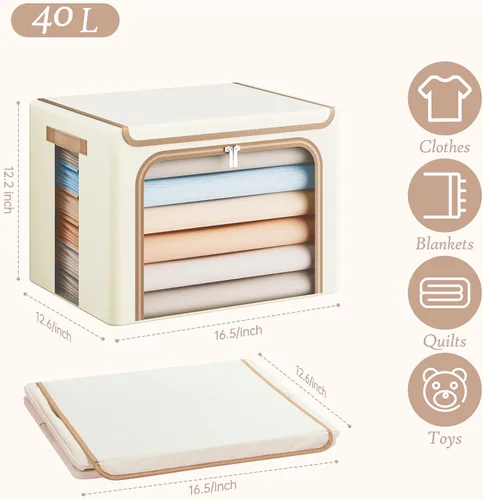 Vista 2 de Yecaye Cajas de Almacenamiento de Ropa con Marco de Metal, Caja de Almacenamiento de Ropa Plegable con Tapa, Caja Organizadora Apilable de Tela