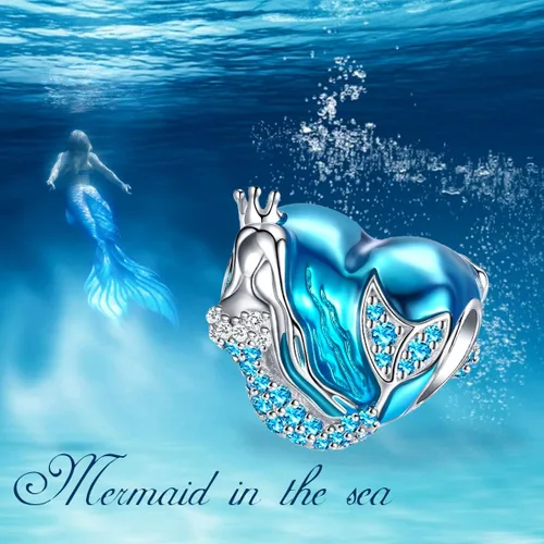 Vista 6 de FOREVER QUEEN Dijes de sirena para pulsera de plata de ley 925, abalorios de circonita cúbica en forma de corazón, cuentas esmaltadas azules
