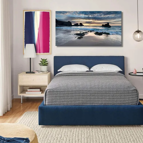 Vista 3 de Decoración de pared para sala de estar, lienzo impreso en lienzo con diseño de amanecer por la mañana en la playa, cuadro de paisaje azul