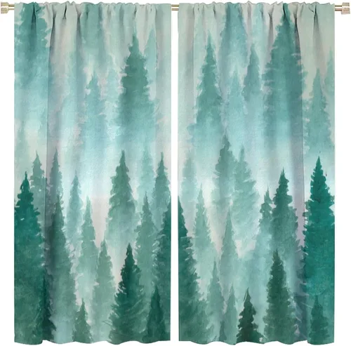Vista 9 de BAEKJIN Cortinas verdes de bosque brumoso, acuarela, naturaleza, paisaje, plantas, árbol, bolsillo para barra, opacas, tratamiento de ventana